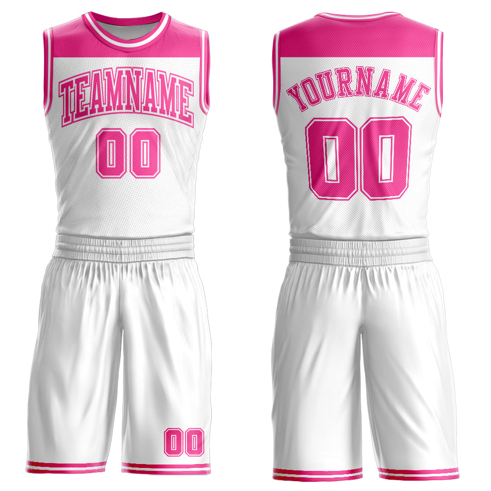 Custom White Pink Color Block Round Neck Sublimation Basketball Uniform Jersey - Main View
