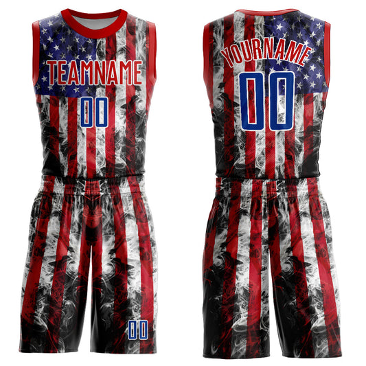 Custom White Royal-Red American Flag Fashion Round Neck Sublimation Basketball Uniform Jersey - Main View