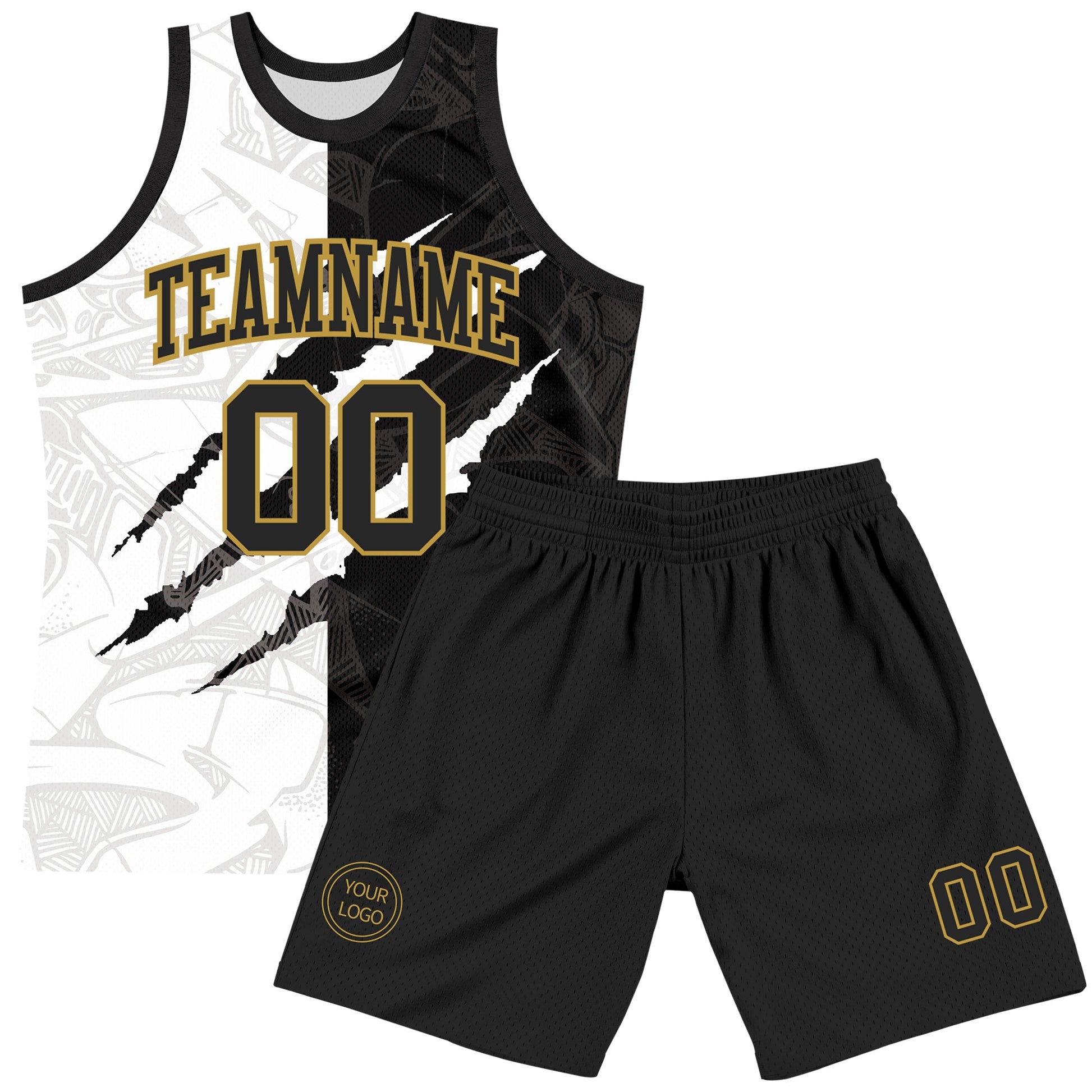 Custom Graffiti Pattern Black Old Gold-White Scratch Round Neck Sublimation Basketball Set Jersey view 2