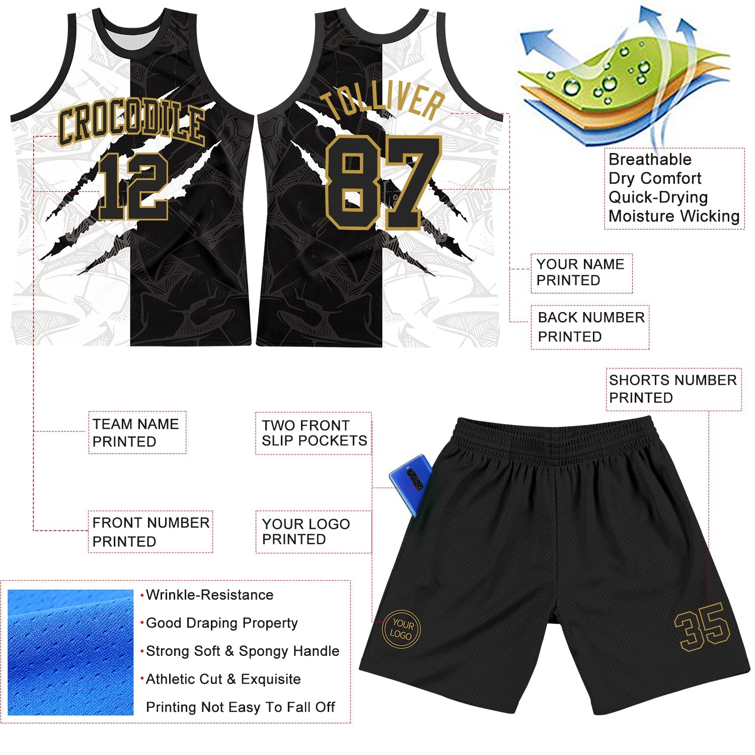 Custom Graffiti Pattern Black Old Gold-White Scratch Round Neck Sublimation Basketball Set Jersey view 3