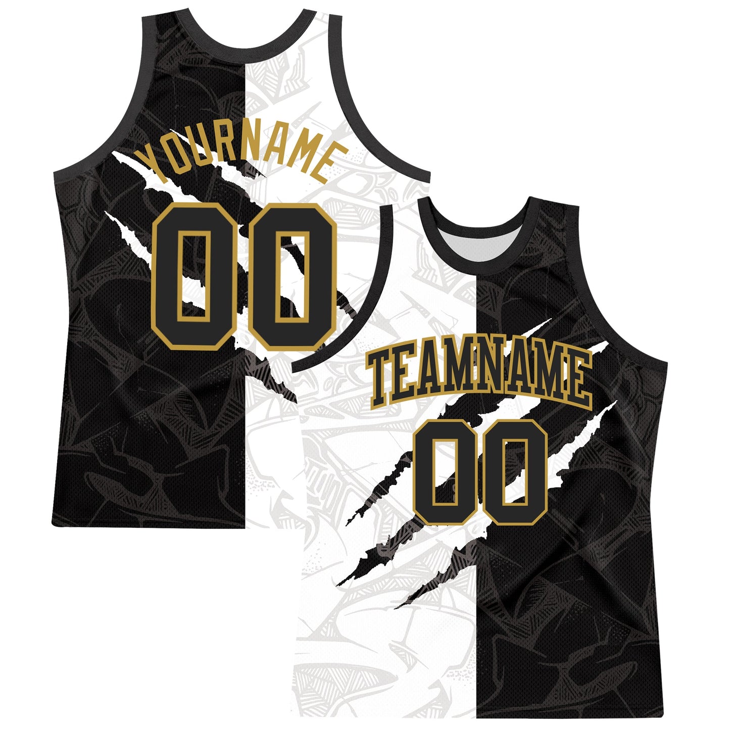 Custom Graffiti Pattern Black Old Gold-White Scratch Round Neck Sublimation Basketball Set Jersey - Main View