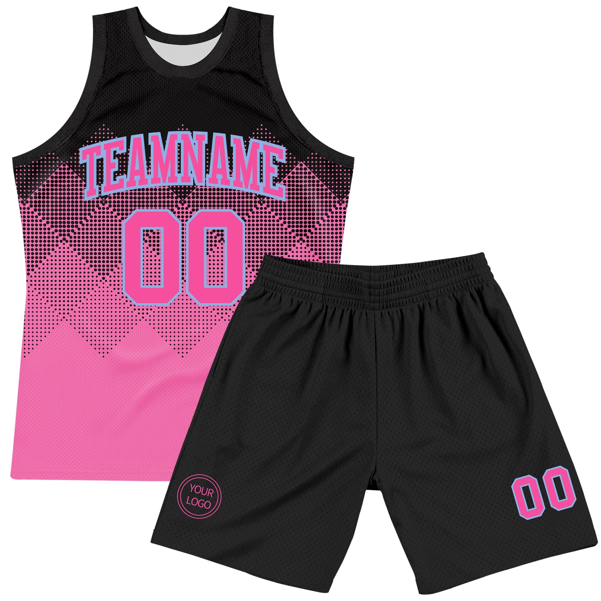Custom Black Pink-Light Blue Gradient Square Shapes Round Neck Sublimation Basketball Set Jersey view 2