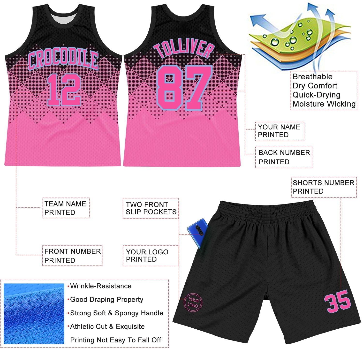 Custom Black Pink-Light Blue Gradient Square Shapes Round Neck Sublimation Basketball Set Jersey view 3