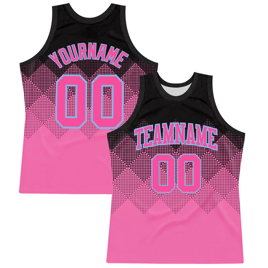 Custom Black Pink-Light Blue Gradient Square Shapes Round Neck Sublimation Basketball Set Jersey - Main View