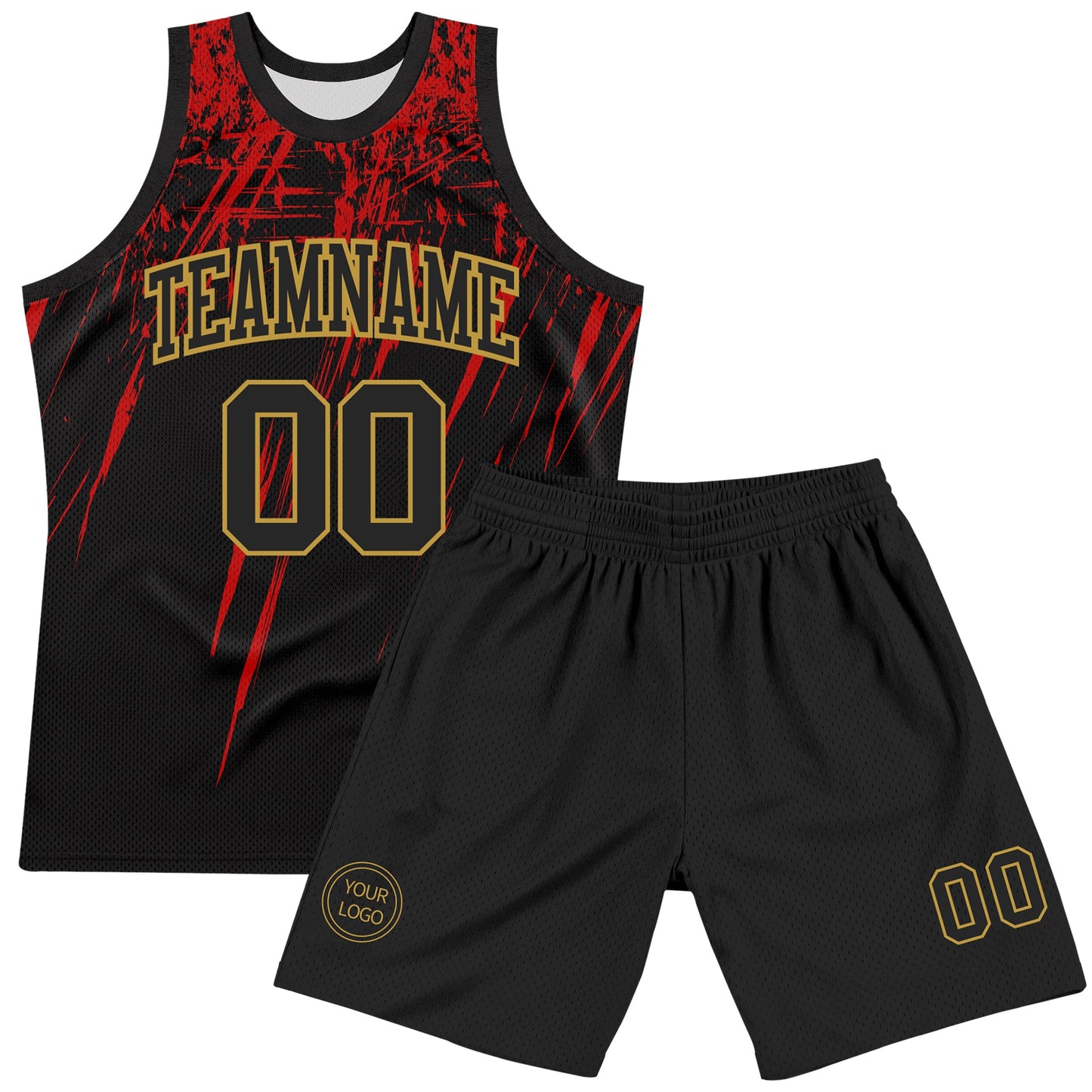 Custom Black Red-Old Gold Splash Round Neck Sublimation Basketball Set Jersey view 2