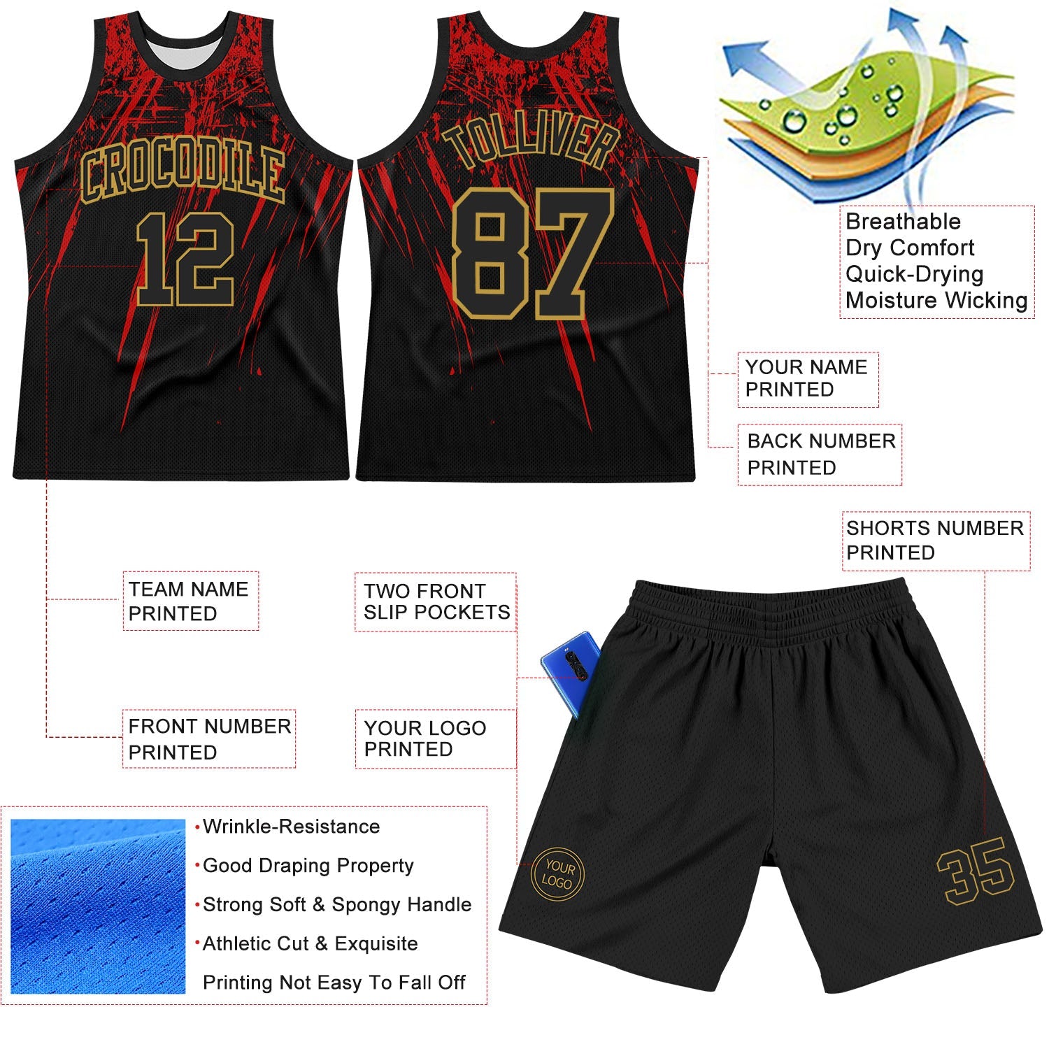 Custom Black Red-Old Gold Splash Round Neck Sublimation Basketball Set Jersey view 3
