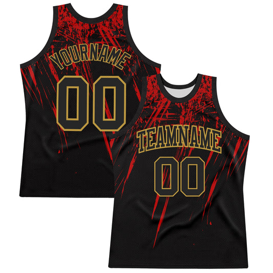 Custom Black Red-Old Gold Splash Round Neck Sublimation Basketball Set Jersey - Main View