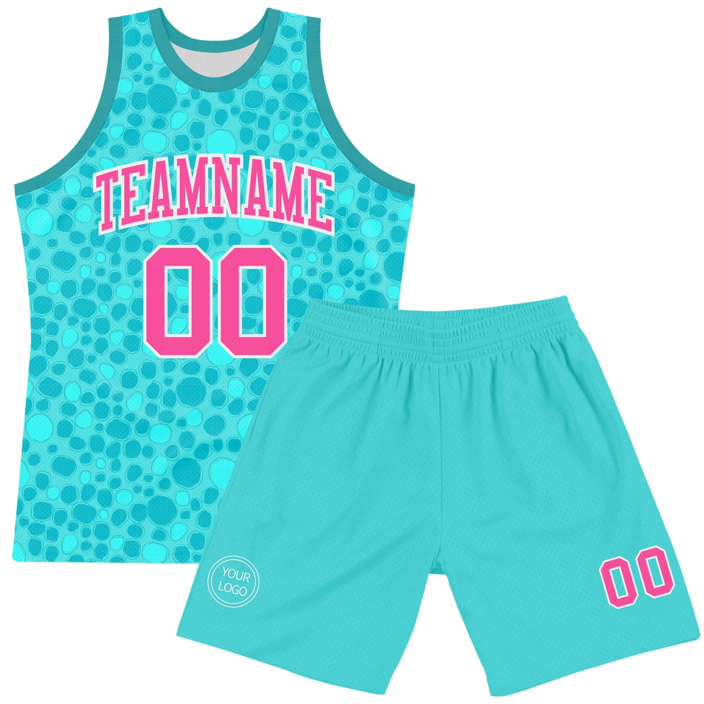Custom Aqua Pink-White Leopard Print Round Neck Sublimation Basketball Set Jersey view 2