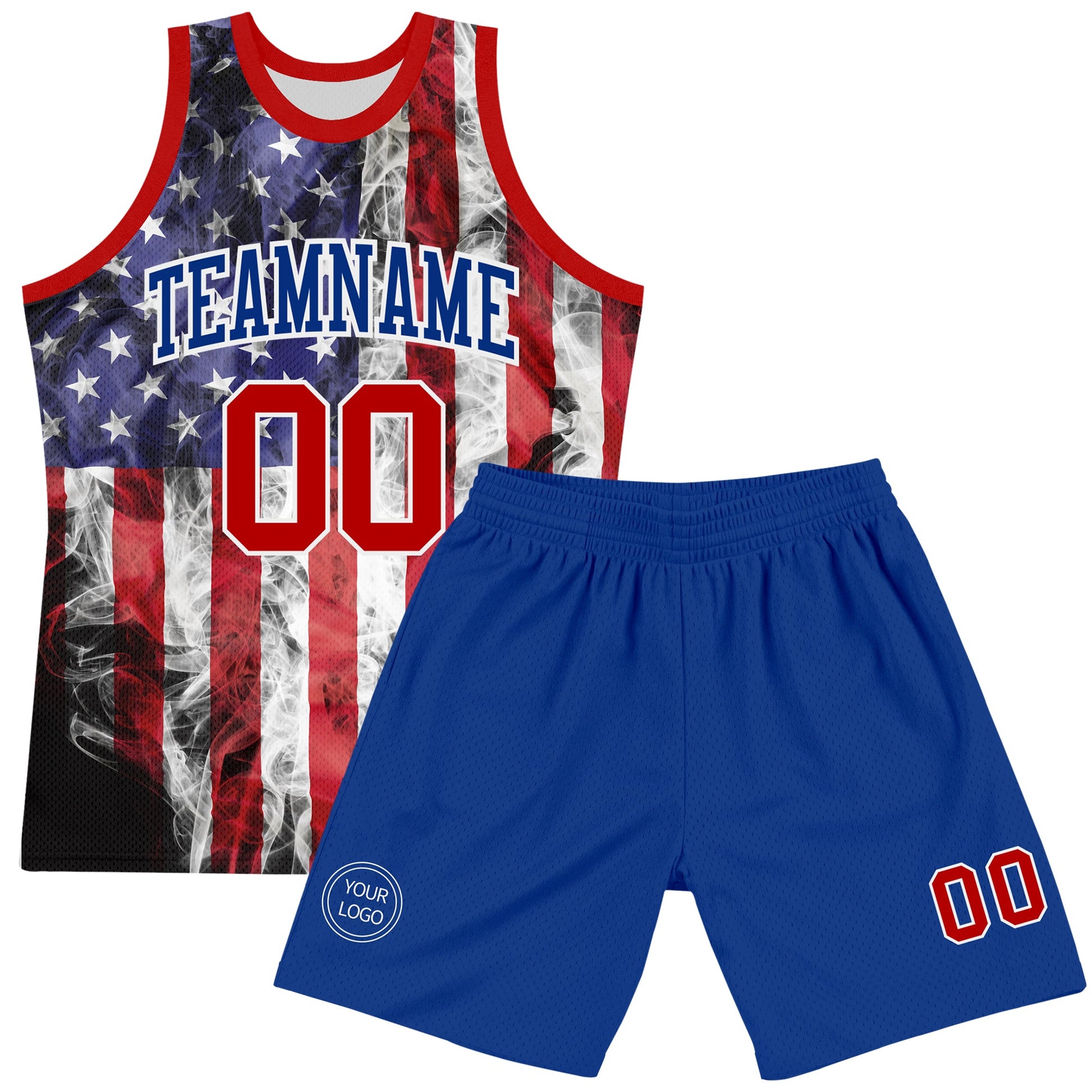 Custom White Red-Royal American Flag Round Neck Sublimation Basketball Set Jersey view 2