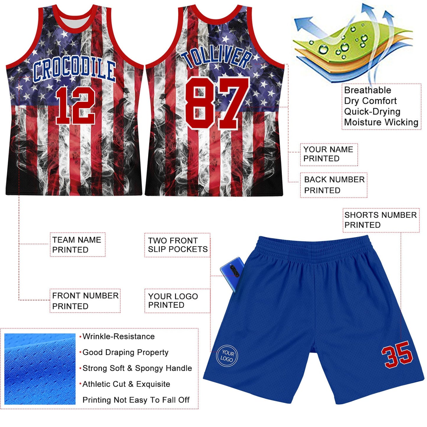 Custom White Red-Royal American Flag Round Neck Sublimation Basketball Set Jersey view 3
