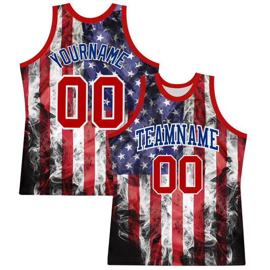 Custom White Red-Royal American Flag Round Neck Sublimation Basketball Set Jersey - Main View