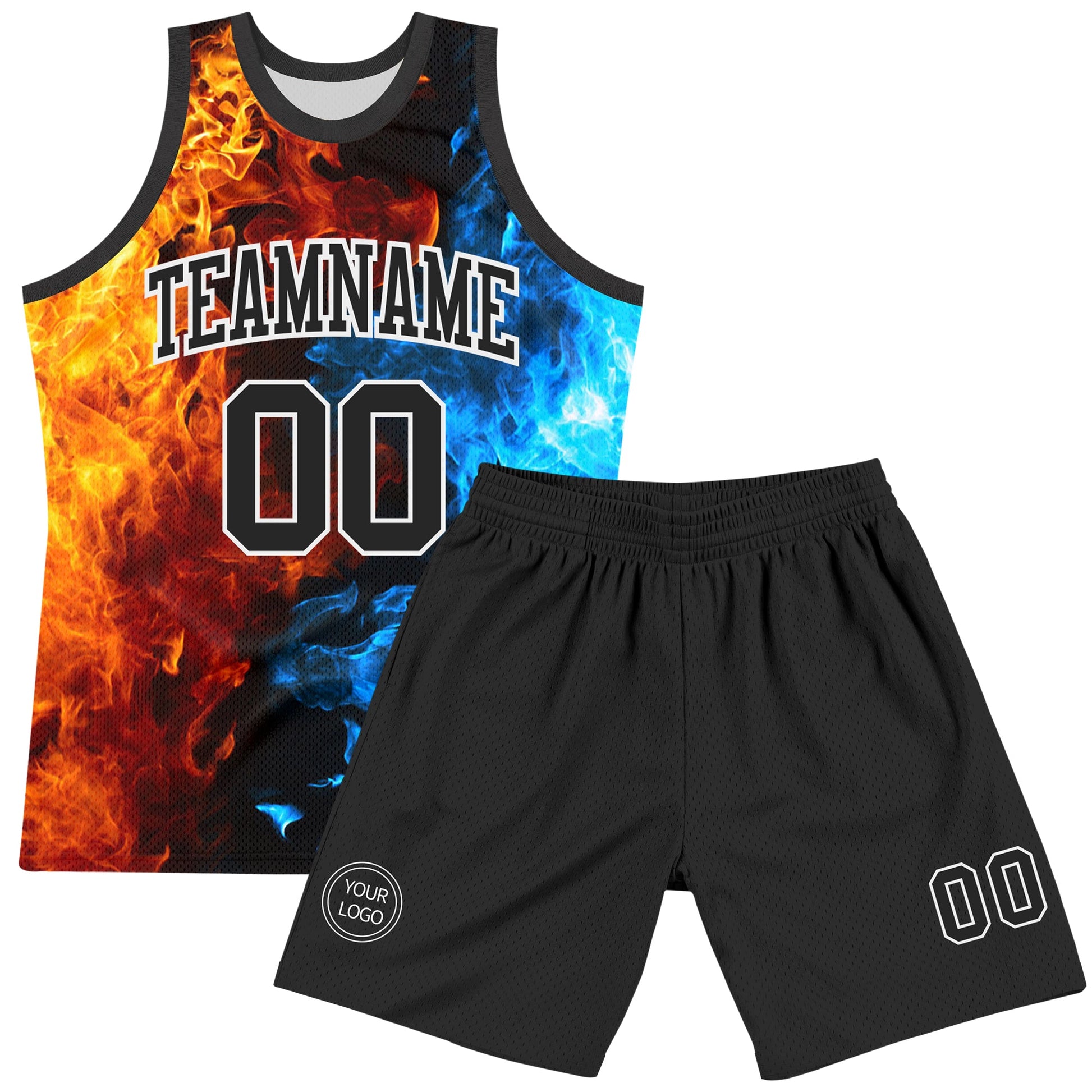Custom Figure Black-White Flame Round Neck Sublimation Basketball Set Jersey view 2