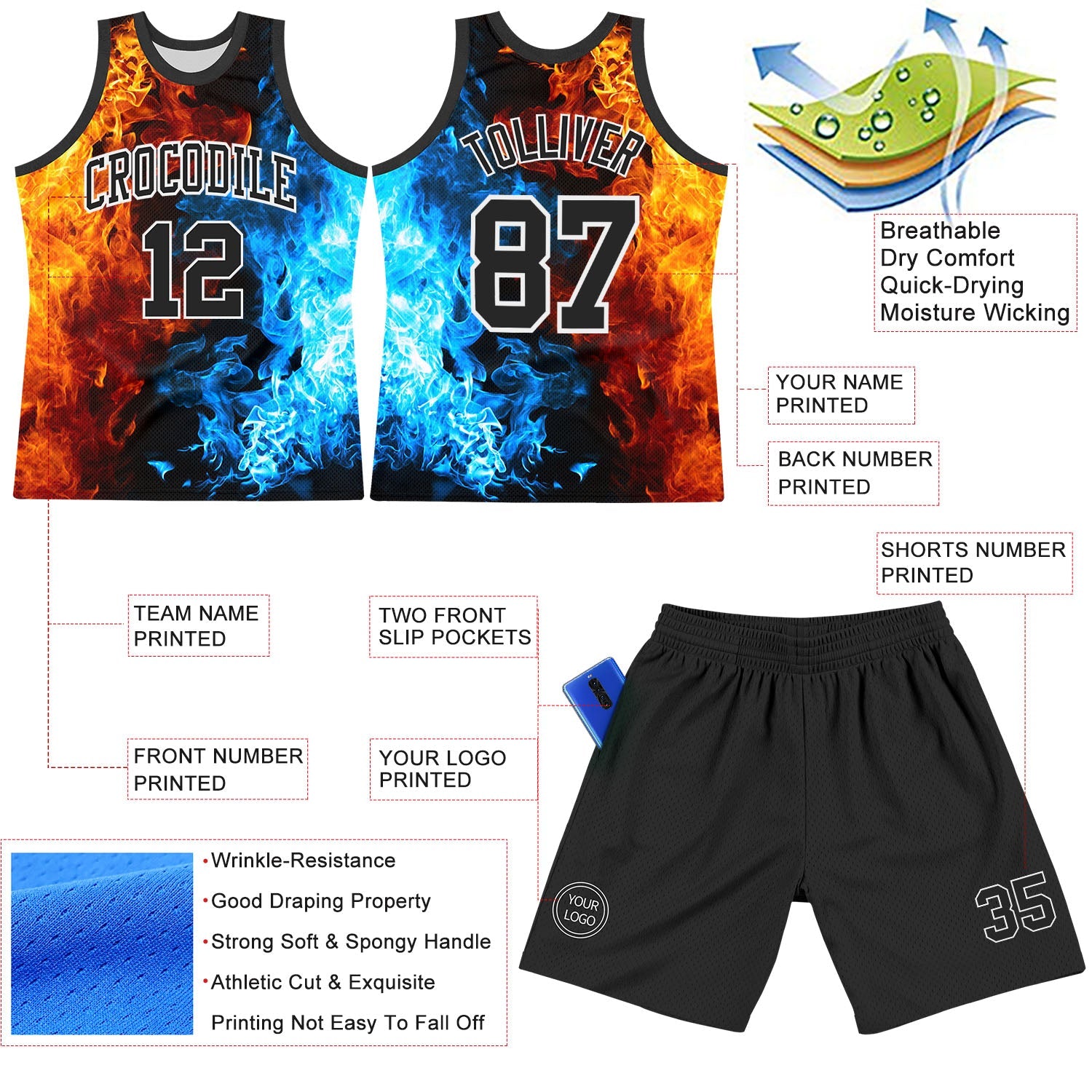Custom Figure Black-White Flame Round Neck Sublimation Basketball Set Jersey view 3