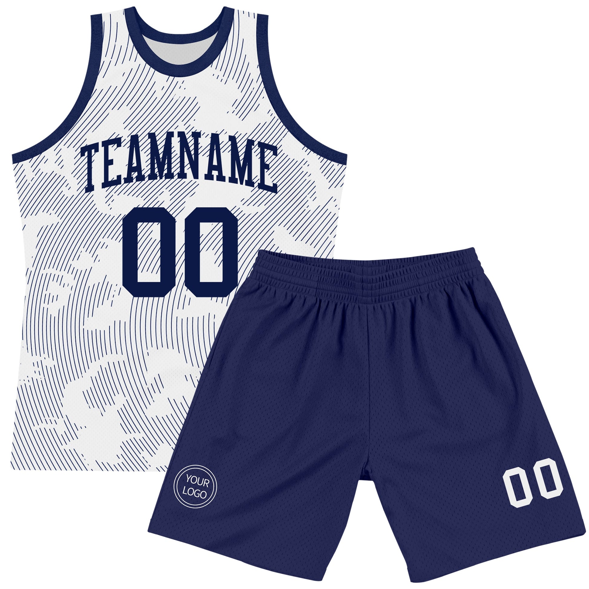 Custom White Navy Curve Lines Round Neck Sublimation Basketball Set Jersey view 2