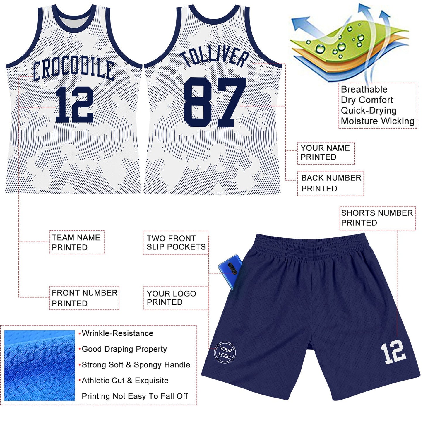 Custom White Navy Curve Lines Round Neck Sublimation Basketball Set Jersey view 3