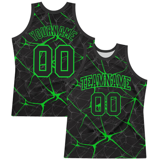 Custom Black Neon Green Abstract Network Round Neck Sublimation Basketball Set Jersey - Main View