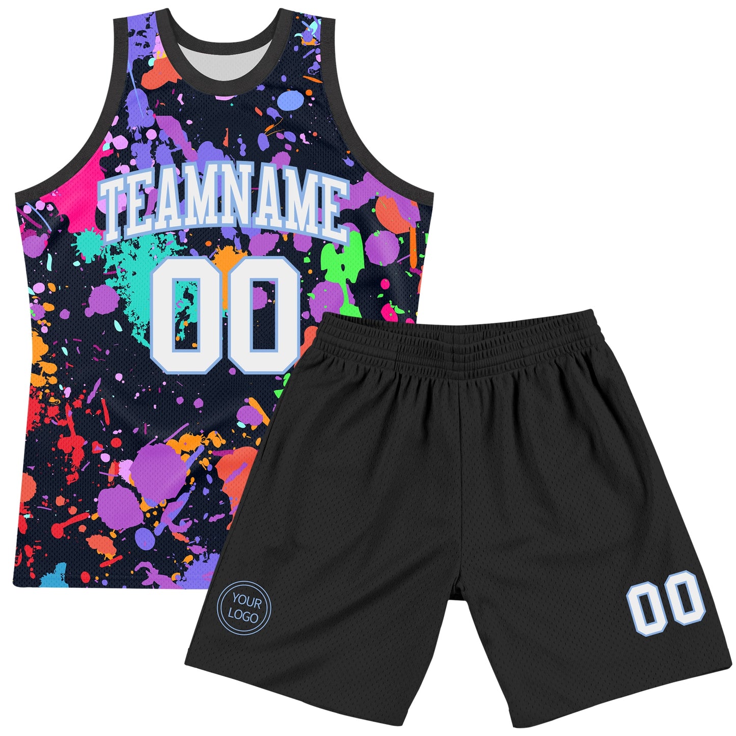 Custom Graffiti Pattern White Light Blue-Black Splash Round Neck Sublimation Basketball Set Jersey view 2