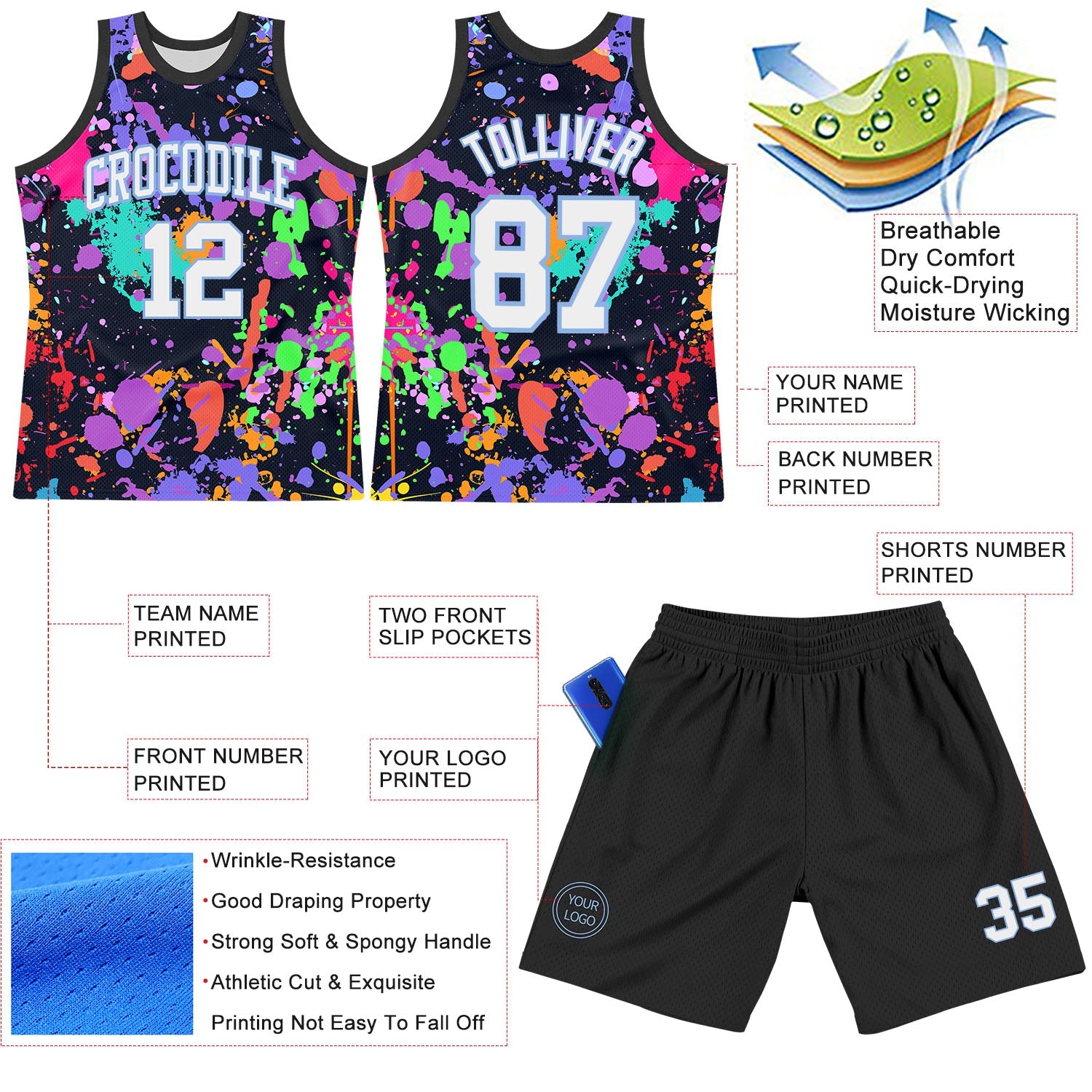 Custom Graffiti Pattern White Light Blue-Black Splash Round Neck Sublimation Basketball Set Jersey view 3
