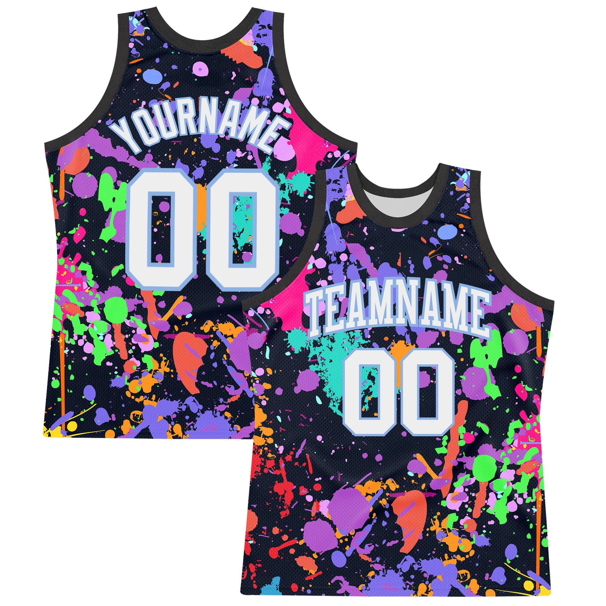Custom Graffiti Pattern White Light Blue-Black Splash Round Neck Sublimation Basketball Set Jersey - Main View