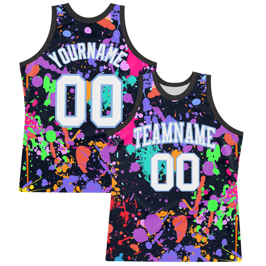 Custom Graffiti Pattern White Light Blue-Black Splash Round Neck Sublimation Basketball Set Jersey - Main View