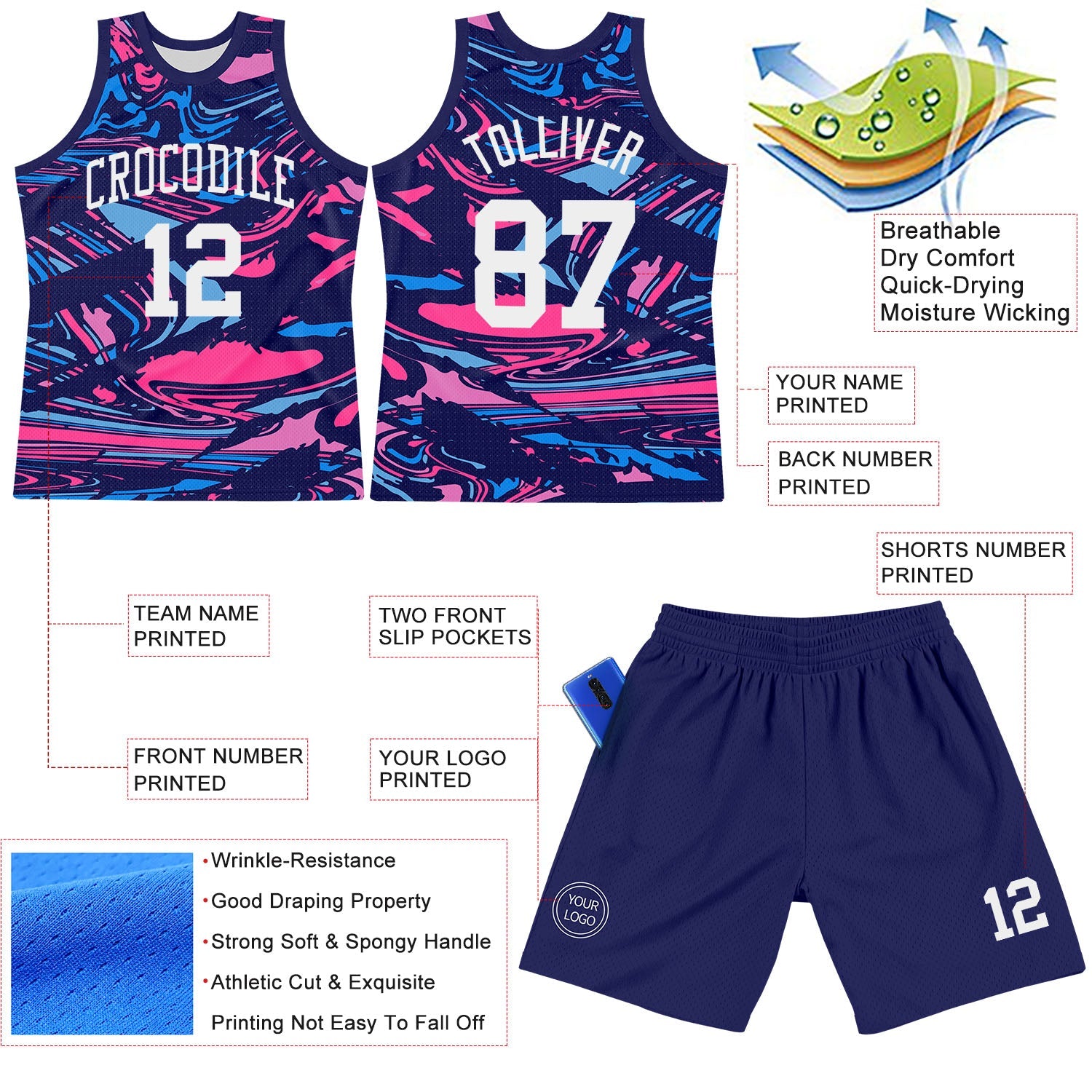 Custom Figure White-Pink Fluid Art Round Neck Sublimation Basketball Set Jersey view 3