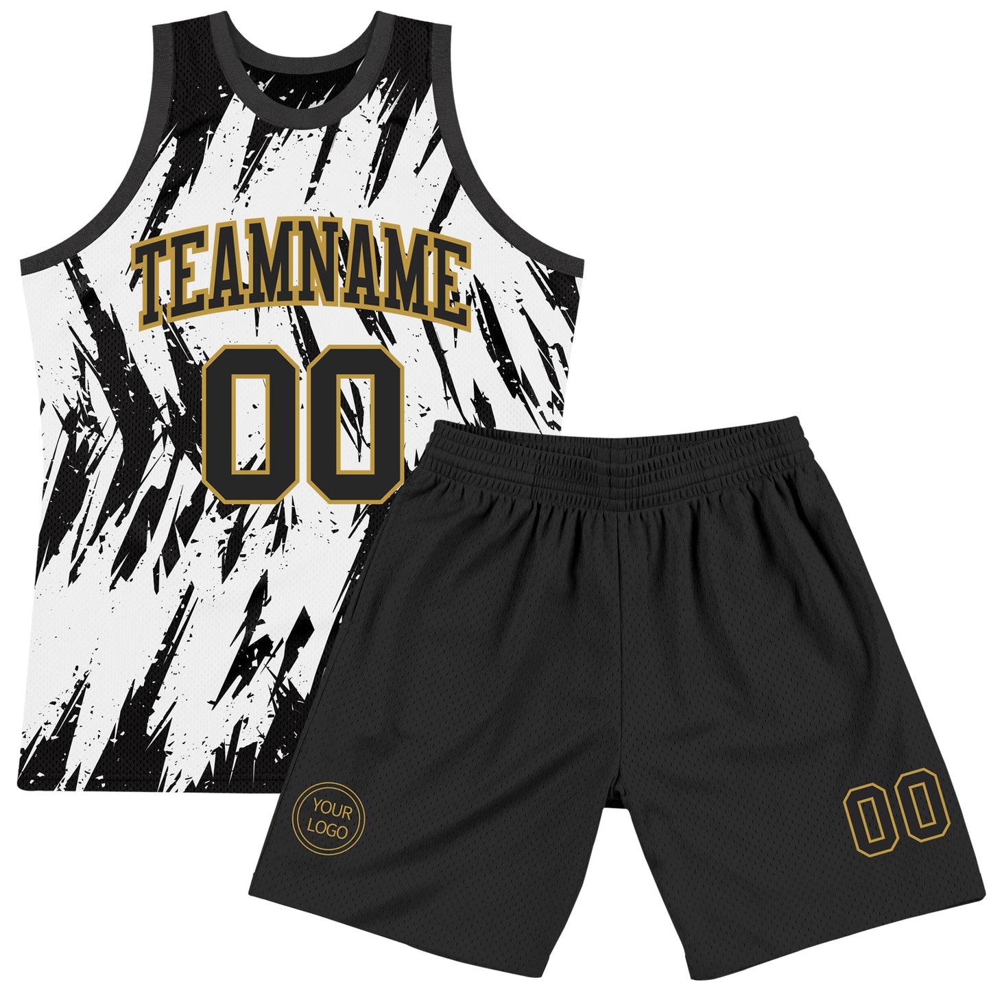 Custom White Black-Old Gold Abstract Sharp Shape Fragment Art Round Neck Sublimation Basketball Set Jersey view 2