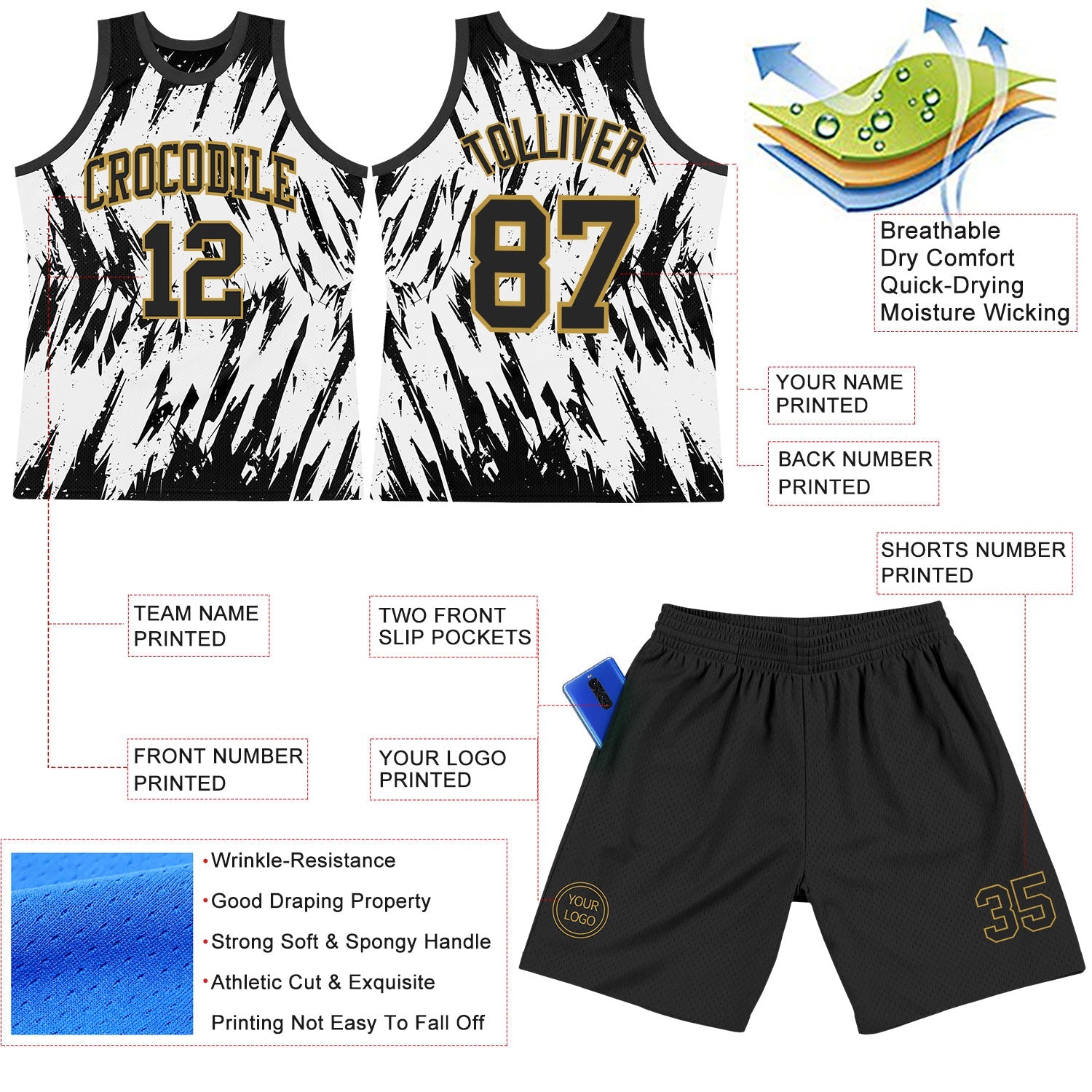 Custom White Black-Old Gold Abstract Sharp Shape Fragment Art Round Neck Sublimation Basketball Set Jersey view 3
