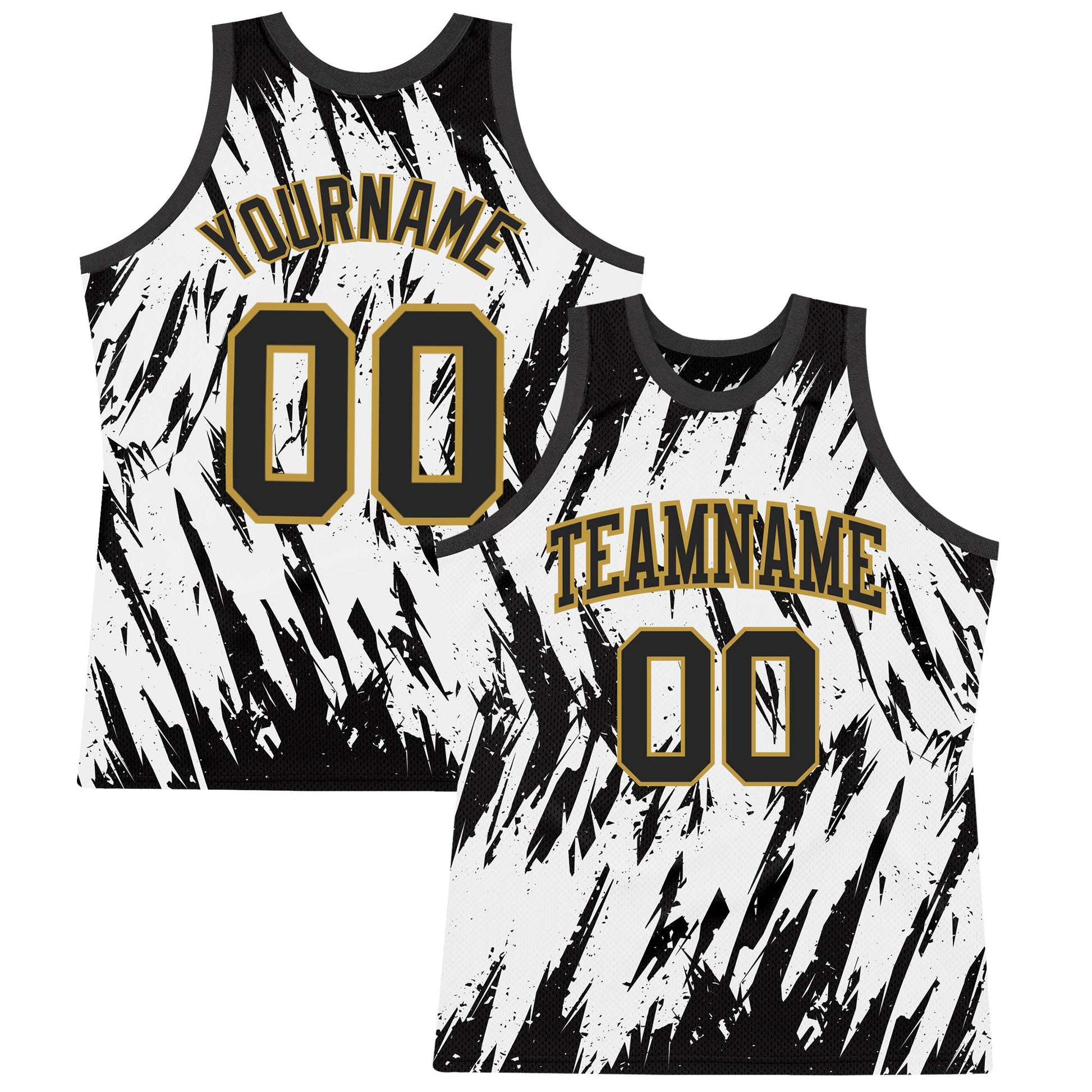 Custom White Black-Old Gold Abstract Sharp Shape Fragment Art Round Neck Sublimation Basketball Set Jersey - Main View