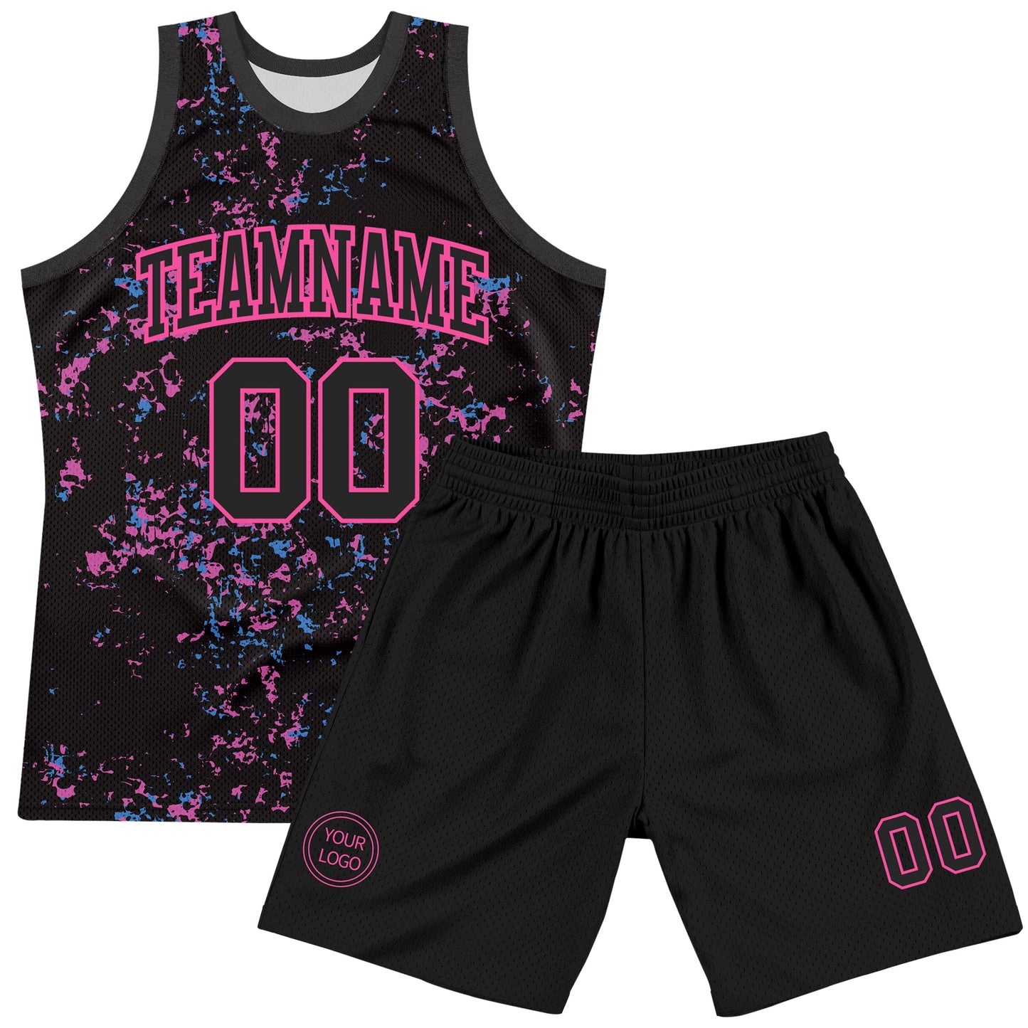 Custom Black Pink Fragment Art Round Neck Sublimation Basketball Set Jersey view 2