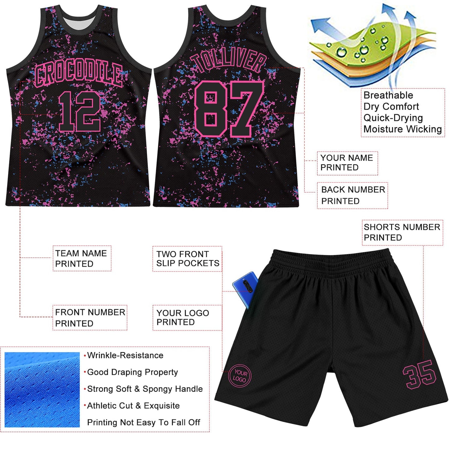 Custom Black Pink Fragment Art Round Neck Sublimation Basketball Set Jersey view 3