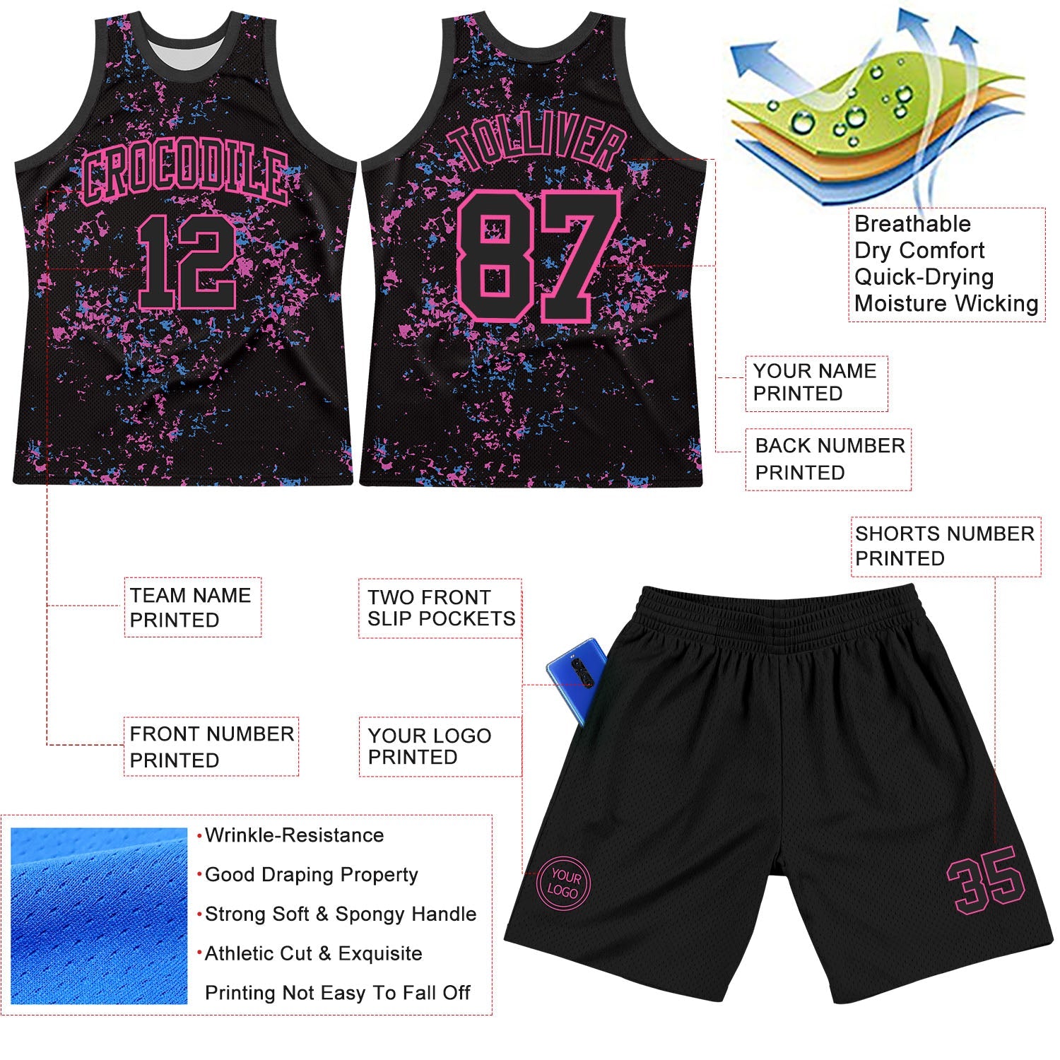Custom Black Pink Fragment Art Round Neck Sublimation Basketball Set Jersey view 3