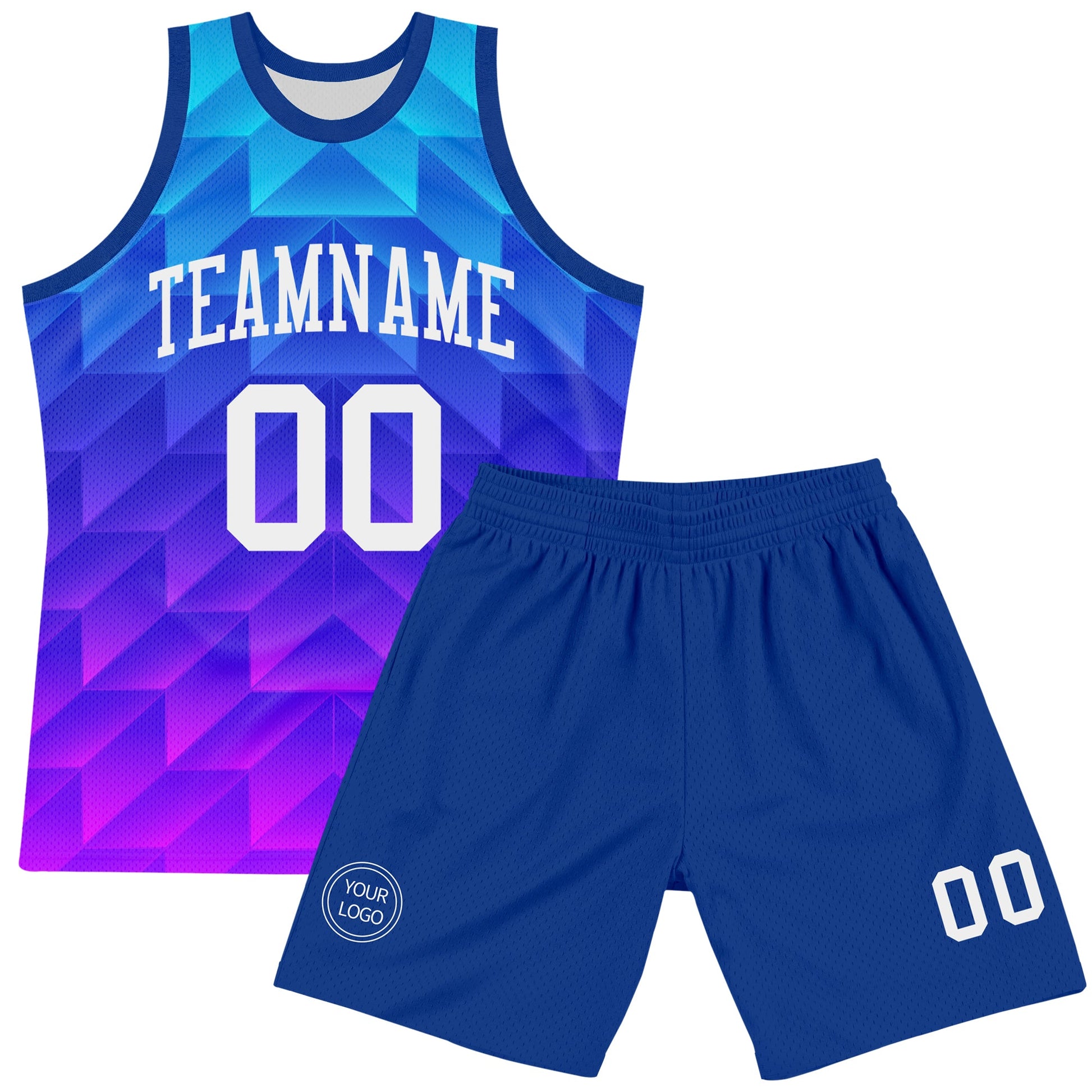 Custom Royal White-Hot Pink Gradient Geometric Shape Round Neck Sublimation Basketball Set Jersey view 2
