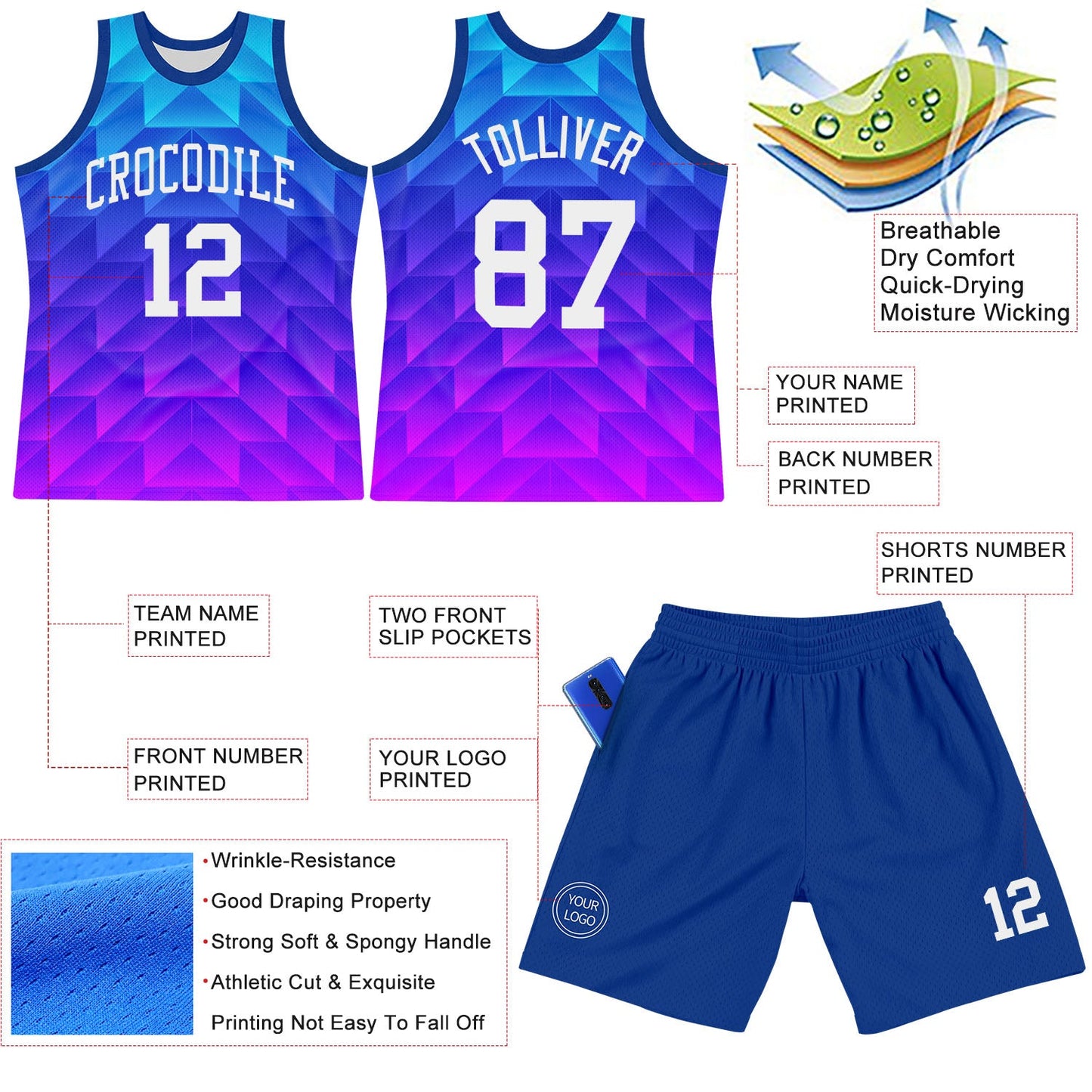 Custom Royal White-Hot Pink Gradient Geometric Shape Round Neck Sublimation Basketball Set Jersey view 3