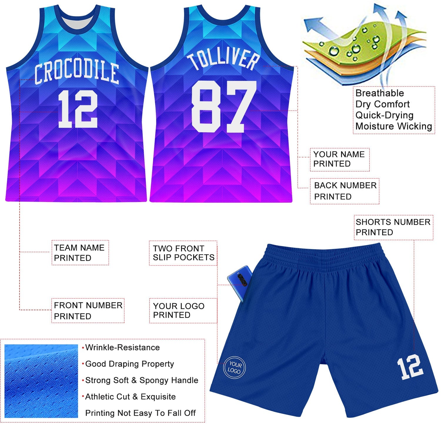Custom Royal White-Hot Pink Gradient Geometric Shape Round Neck Sublimation Basketball Set Jersey view 3