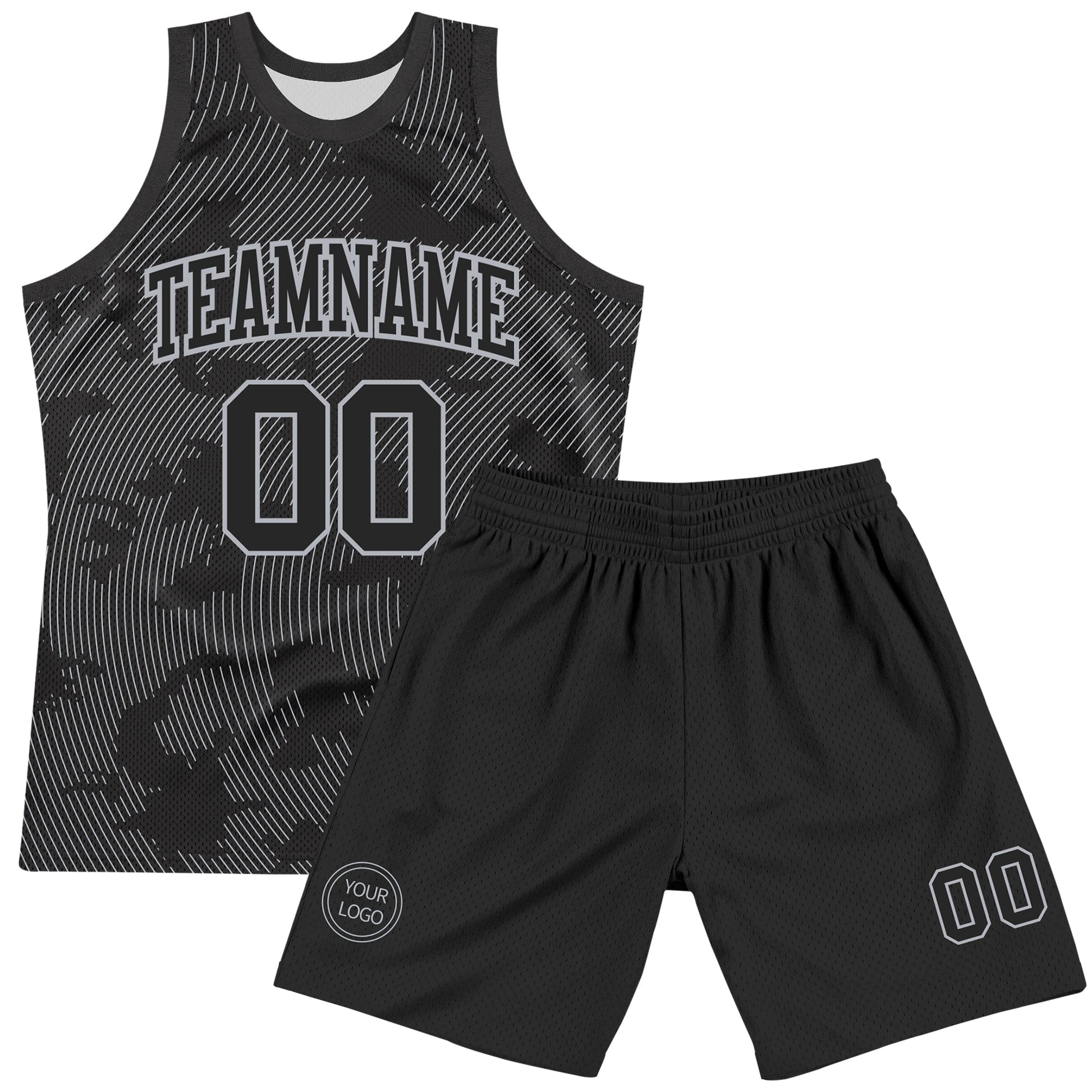 Custom Black Gray Curve Lines Round Neck Sublimation Basketball Set Jersey view 2