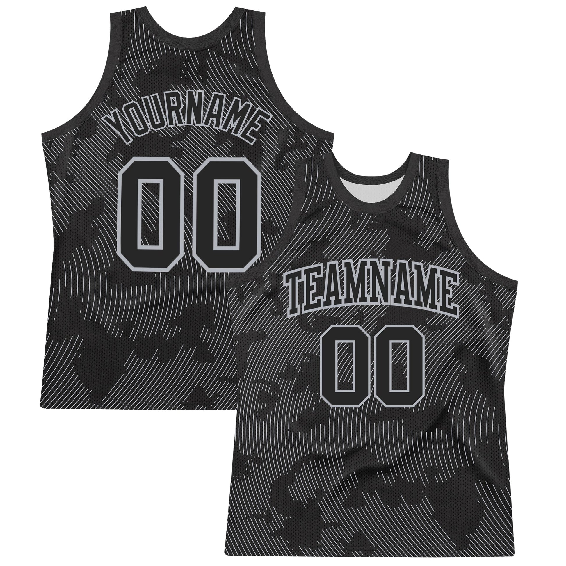 Custom Black Gray Curve Lines Round Neck Sublimation Basketball Set Jersey - Main View