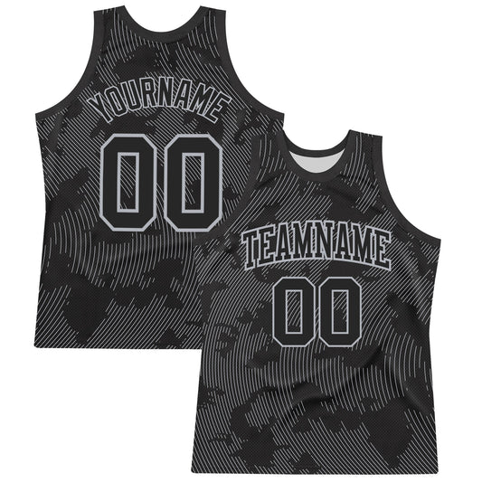 Custom Black Gray Curve Lines Round Neck Sublimation Basketball Set Jersey - Main View
