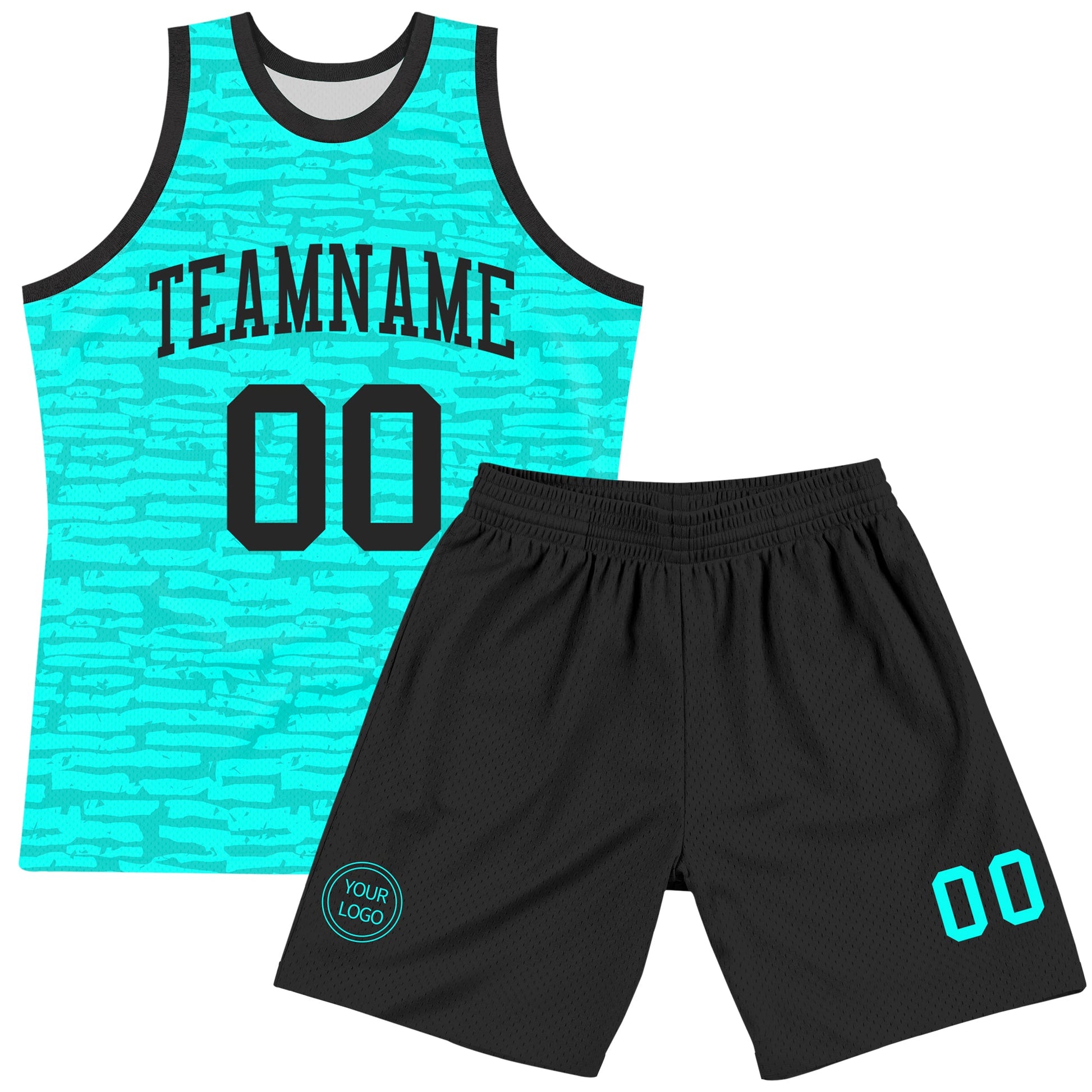Custom Aqua Black Fragment Art Round Neck Sublimation Basketball Set Jersey view 2