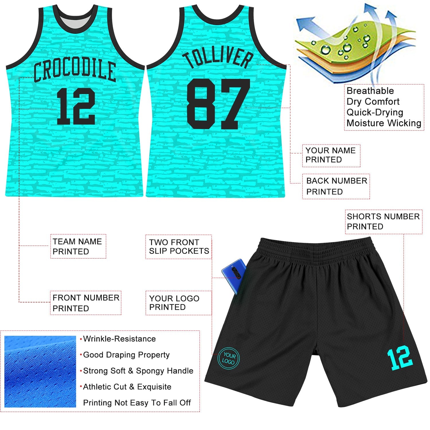 Custom Aqua Black Fragment Art Round Neck Sublimation Basketball Set Jersey view 3