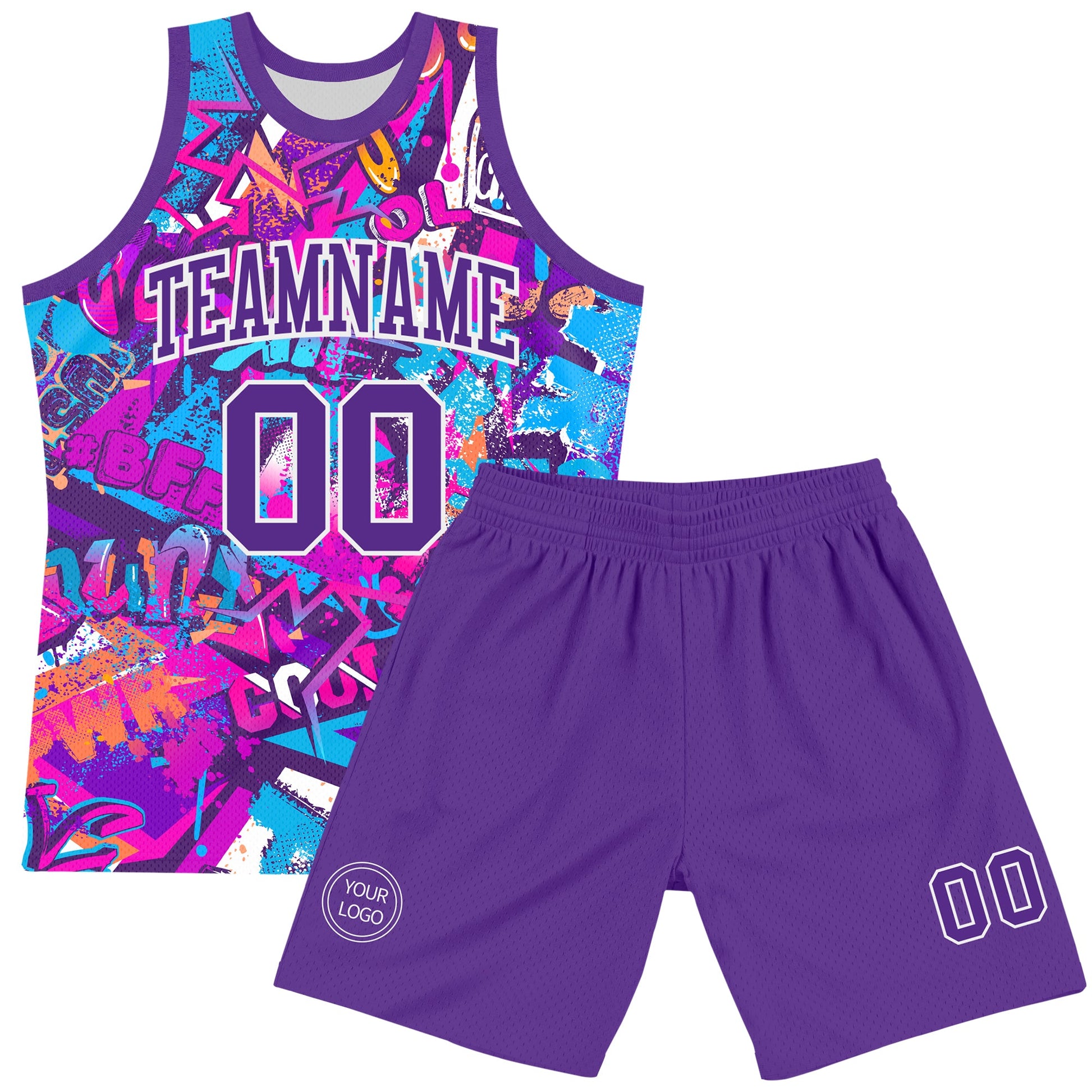 Custom Graffiti Pattern Purple-White Splash Round Neck Sublimation Basketball Set Jersey view 2