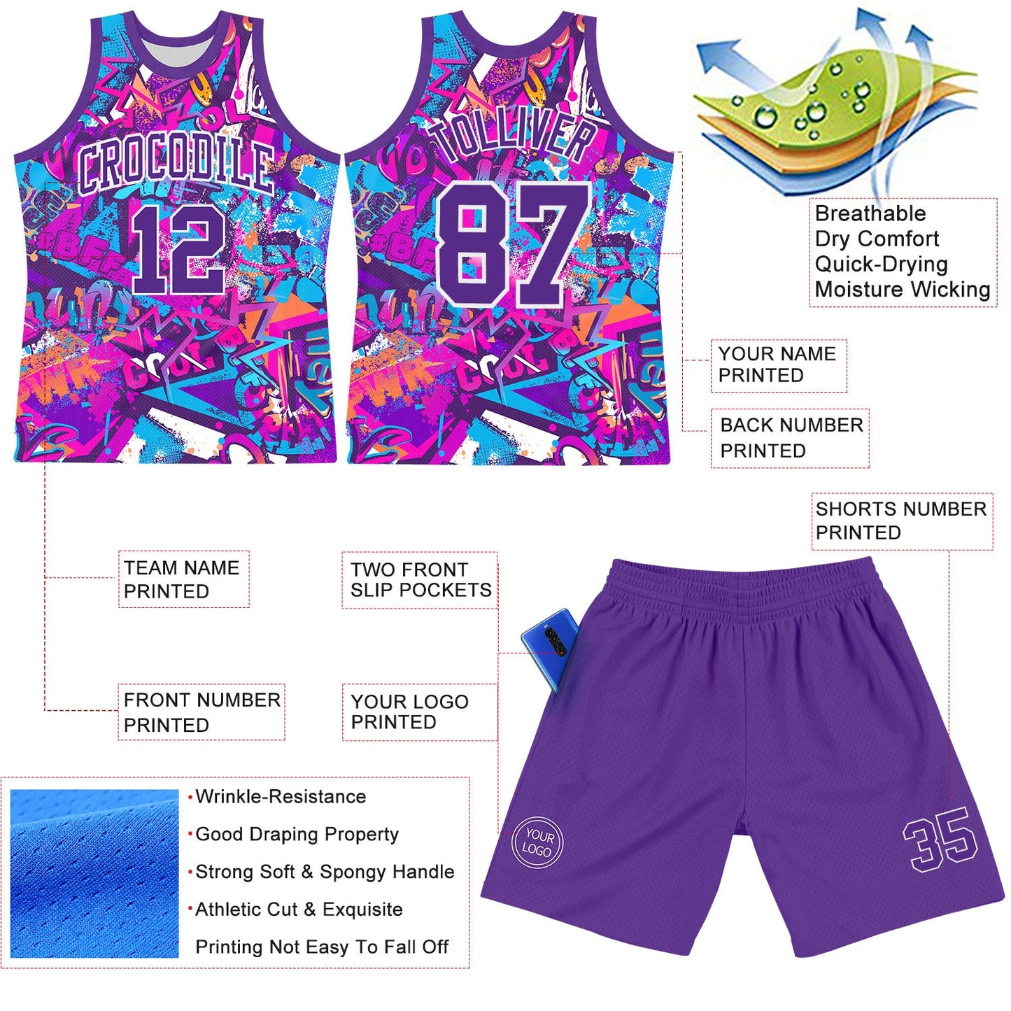 Custom Graffiti Pattern Purple-White Splash Round Neck Sublimation Basketball Set Jersey view 3