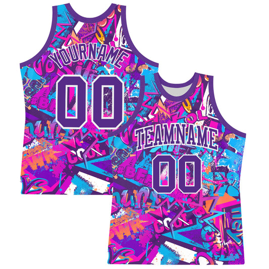 Custom Graffiti Pattern Purple-White Splash Round Neck Sublimation Basketball Set Jersey - Main View