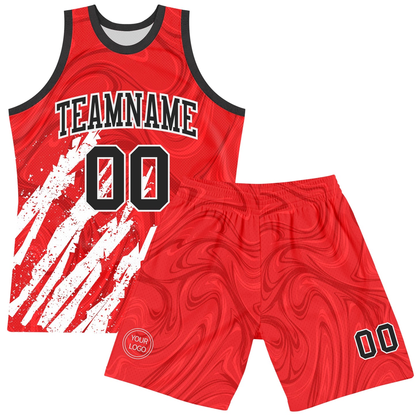 Custom Red Black-White Splash Round Neck Sublimation Basketball Set Jersey view 2