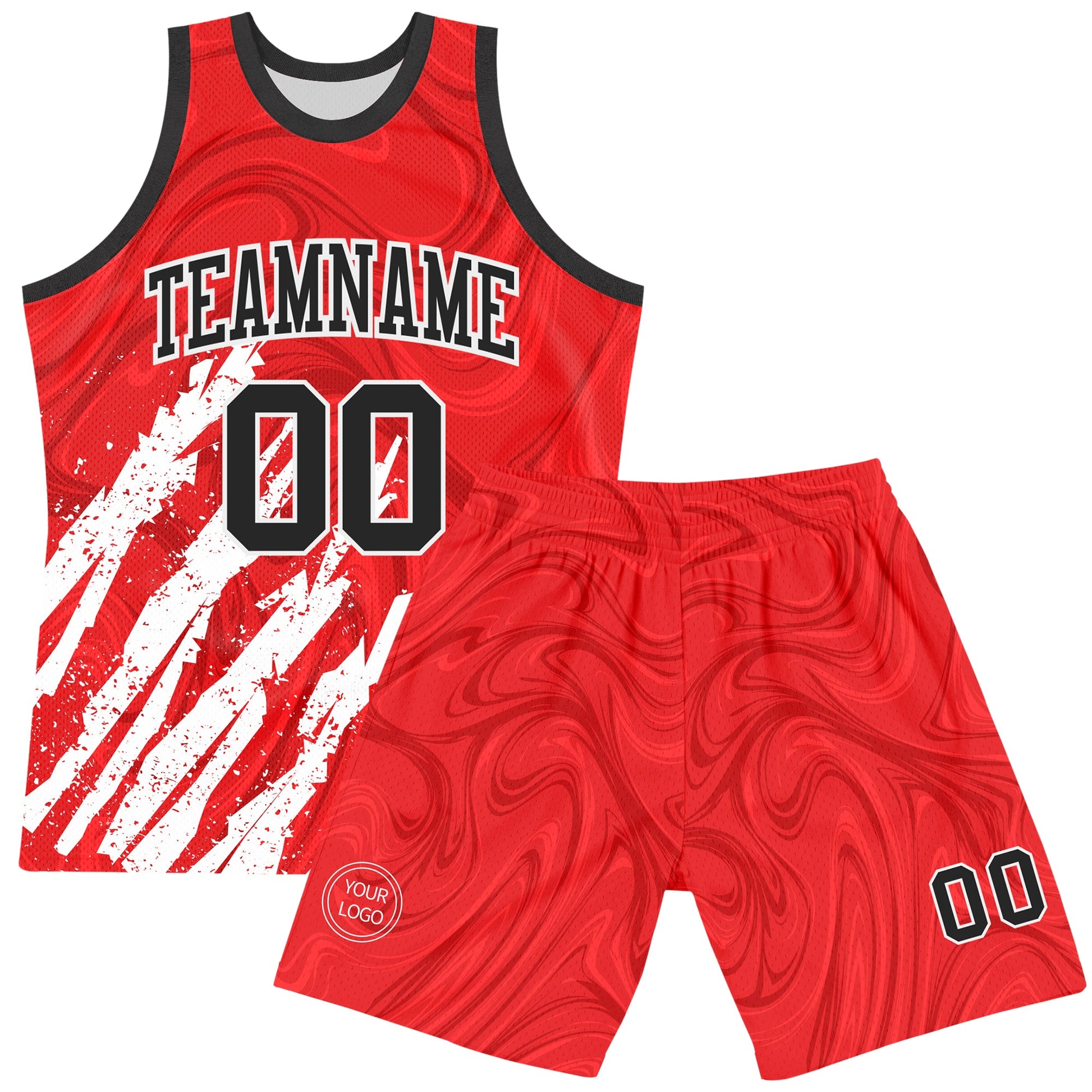 Custom Red Black-White Splash Round Neck Sublimation Basketball Set Jersey view 2