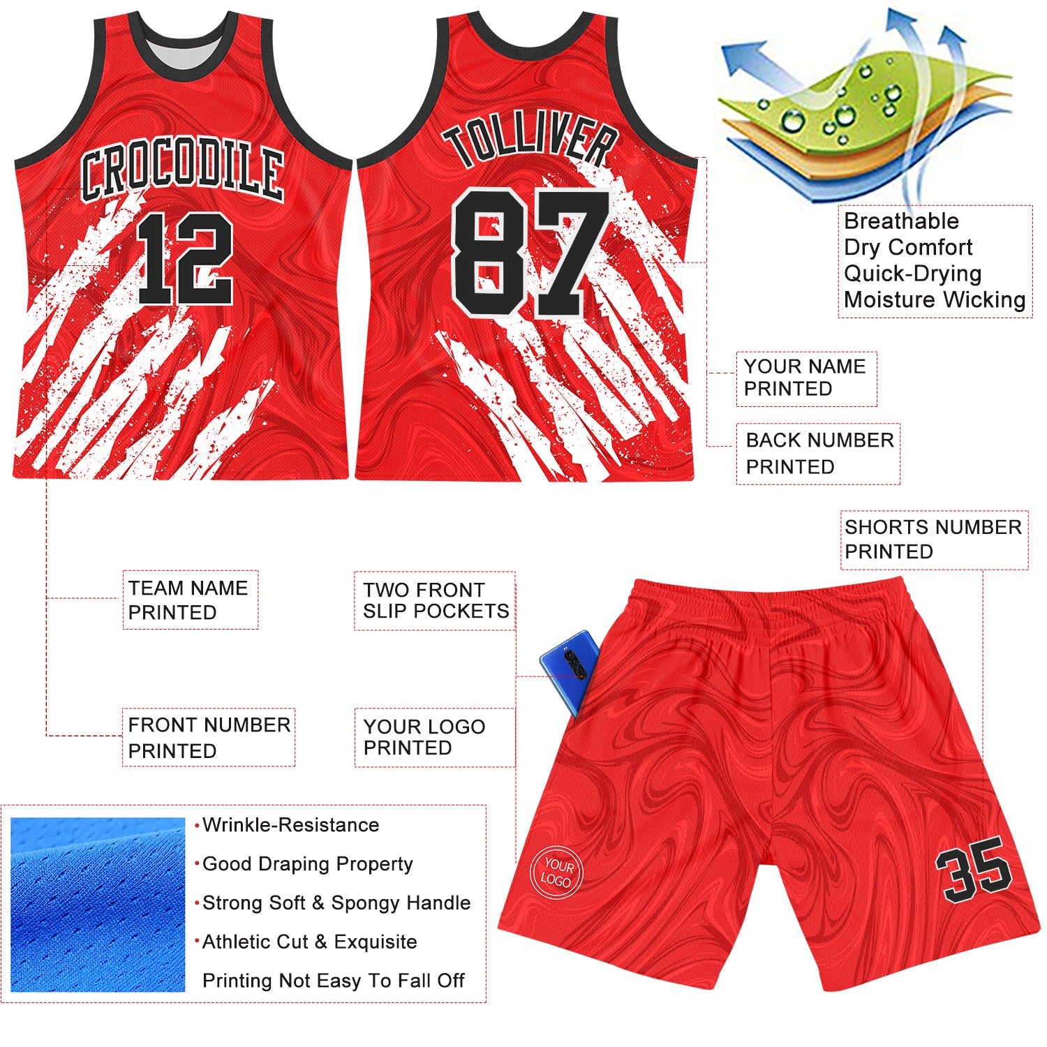 Custom Red Black-White Splash Round Neck Sublimation Basketball Set Jersey view 3