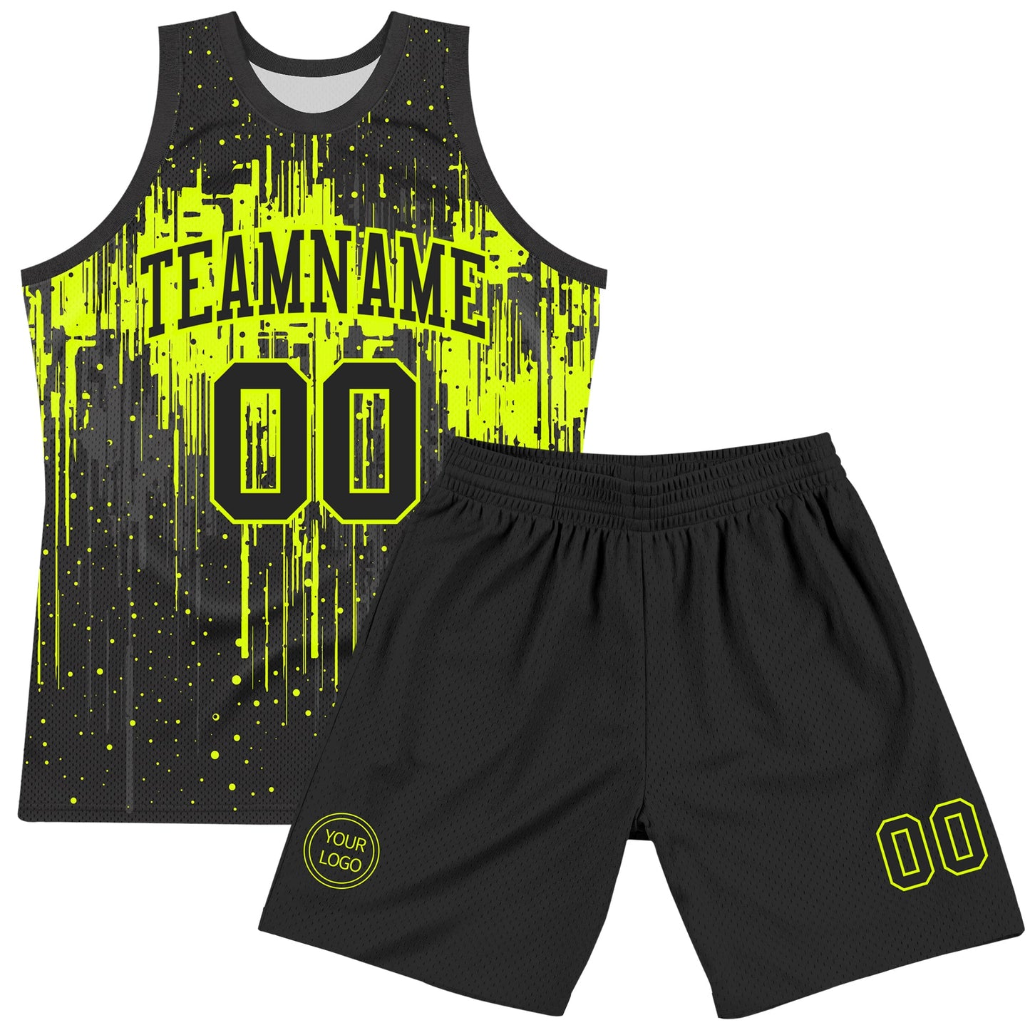Custom Black Neon Green Dripping Splatter Art Round Neck Sublimation Basketball Set Jersey view 2