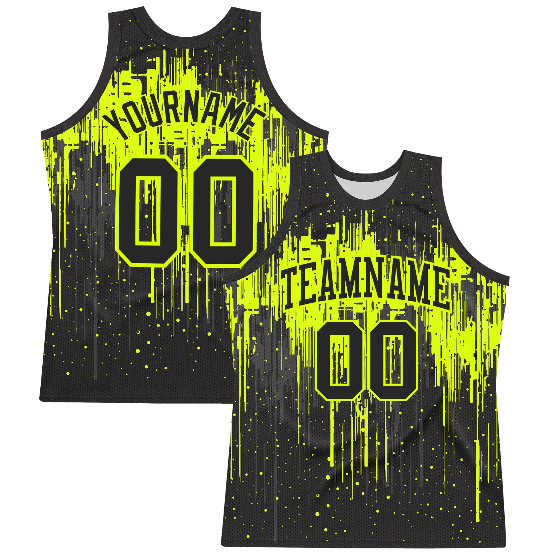 Custom Black Neon Green Dripping Splatter Art Round Neck Sublimation Basketball Set Jersey - Main View