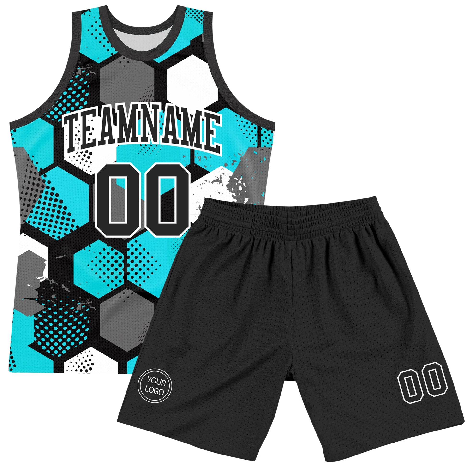Custom Aqua Black-White Geometric Shape Round Neck Sublimation Basketball Set Jersey view 2