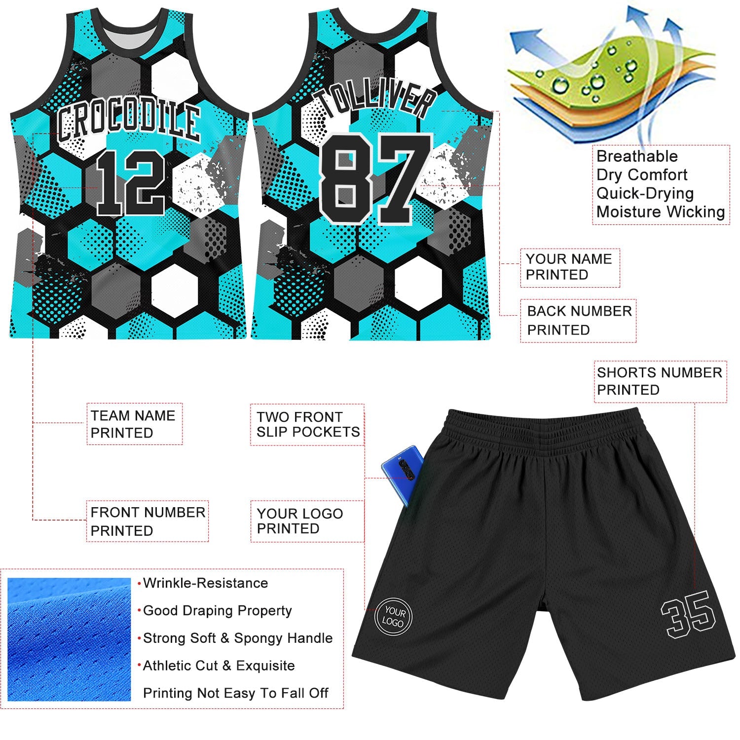Custom Aqua Black-White Geometric Shape Round Neck Sublimation Basketball Set Jersey view 3