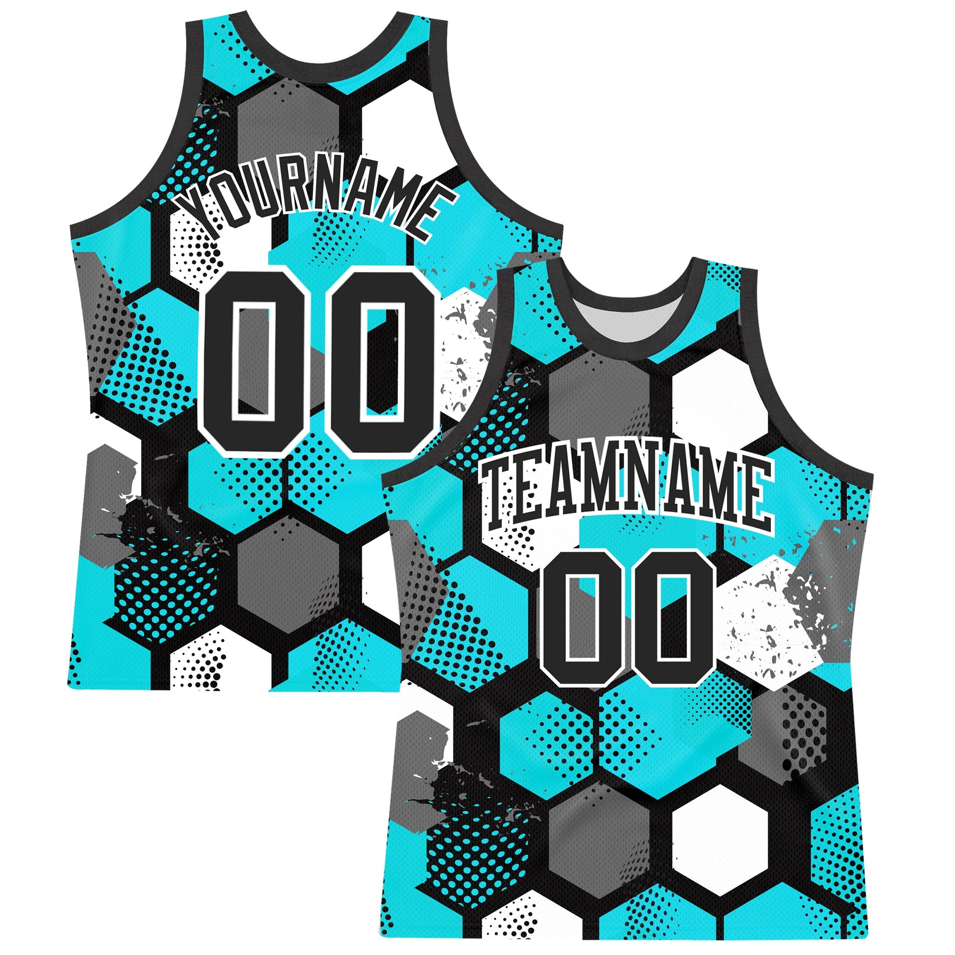 Custom Aqua Black-White Geometric Shape Round Neck Sublimation Basketball Set Jersey - Main View
